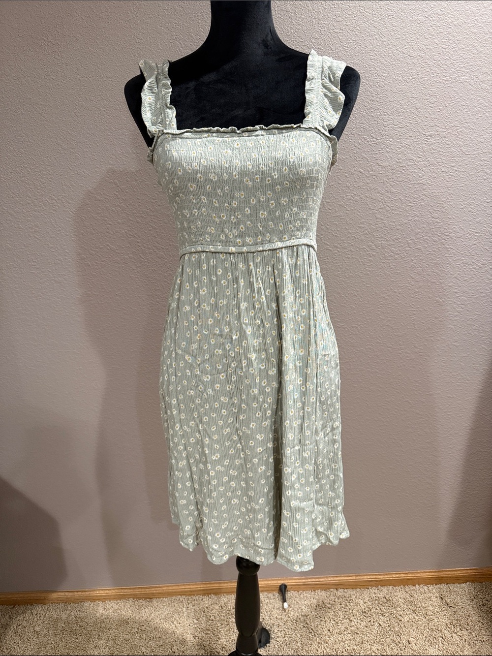 Pink Rose Sage Green Floral Midi Dress with Ruffle Straps